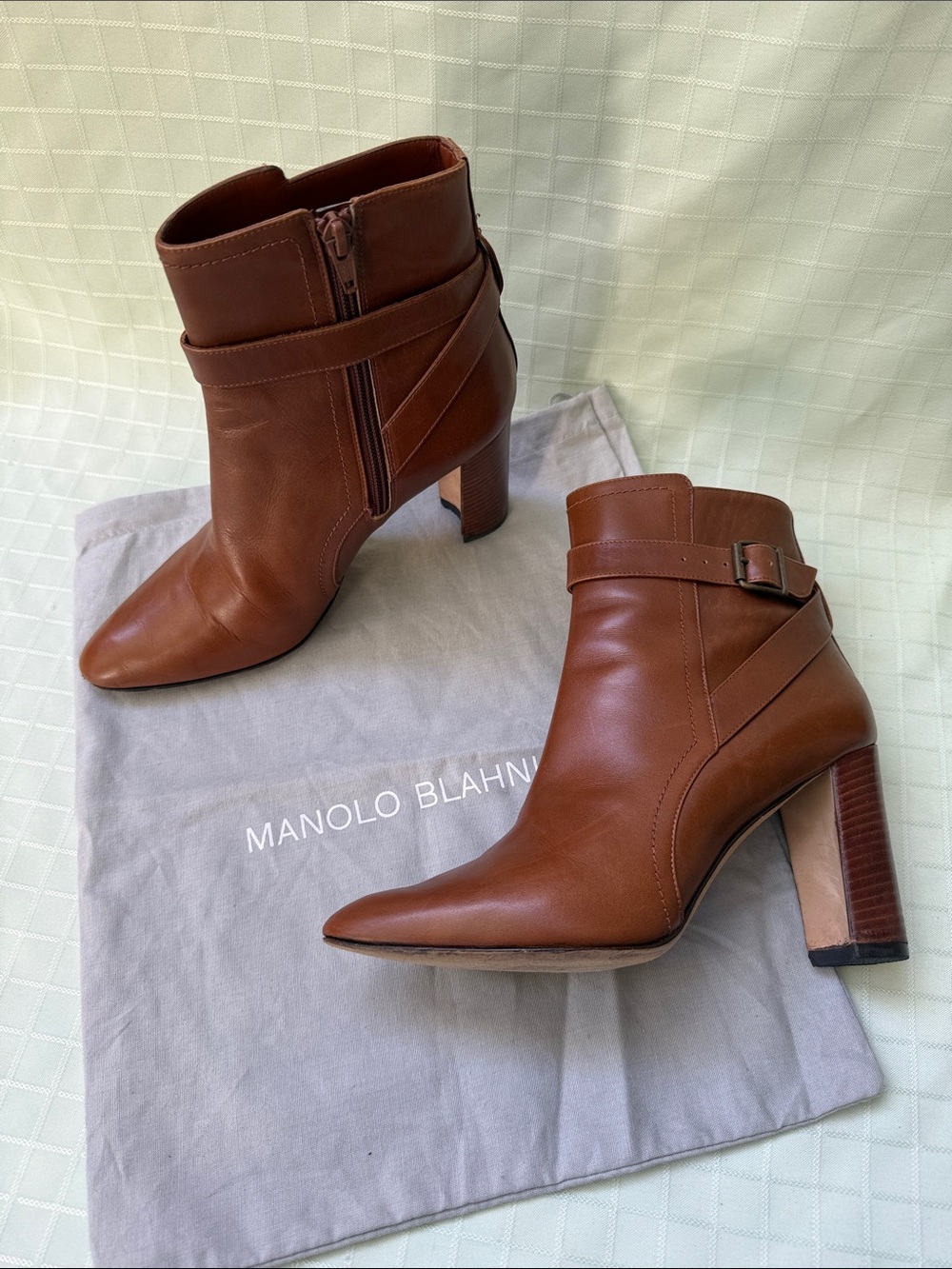 Manolo Blahnik Vintage Cognac Leather Ankle Boots with Dust Bag